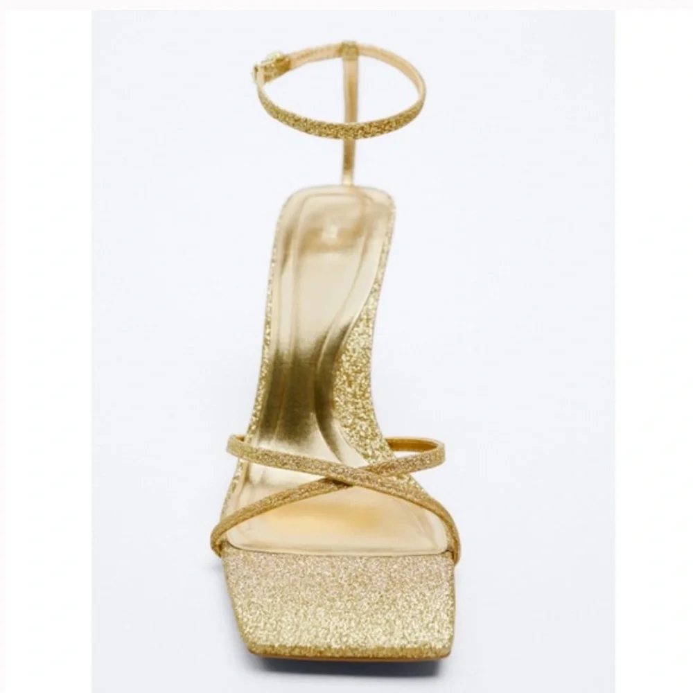 Zara Gold Strappy Glitter Heeled Sandals Size 6 - Picture 4 of 15